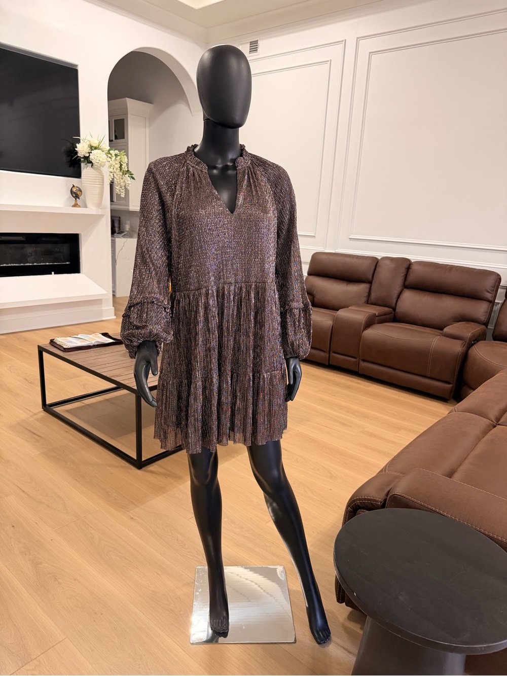 Metallic Brown Long-Sleeve Pleated Mini Dress